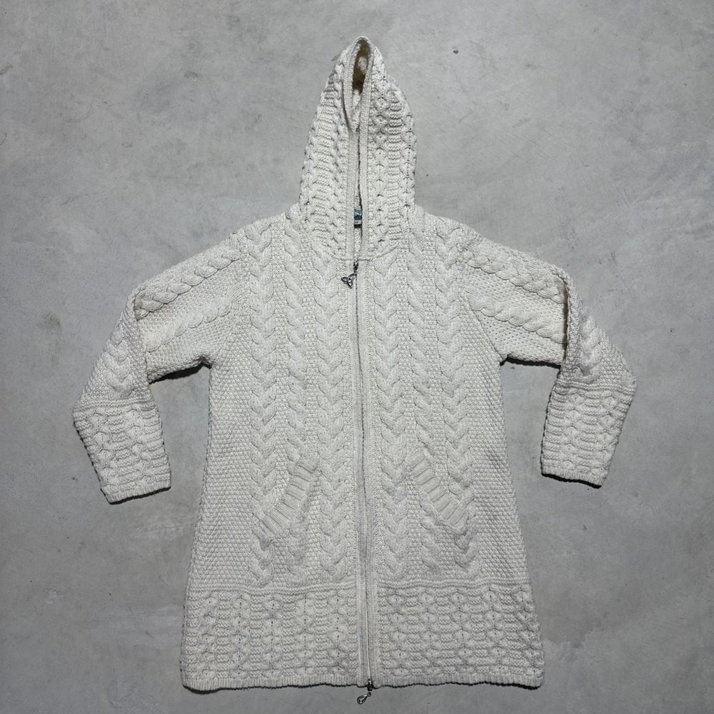 Aran Wool Knot Hooded Zip Up Sweater Women's SZ Small Merino Wool Fisherman